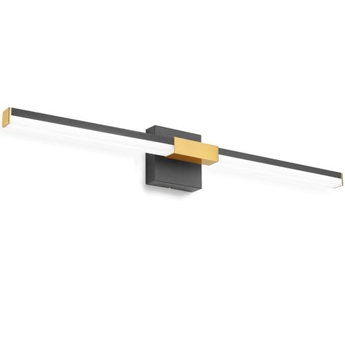 Image of SOLFART Bathroom Lighting Fixtures Over Mirror: 32-Inch Black and Gold Dimmable Built-in Step Dimming Vanity Light ETL IP44