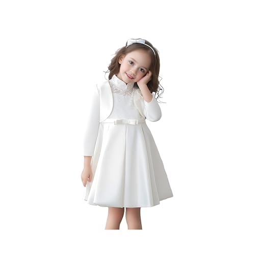 Proumhang Weiß Langärmelige Strickjacke für Mädchen,Bolero Shrug Cardigan Jacke Cover Up,3D-Blumen-Satin-Schal mit offener Vorderseite,Mädchen Hochzeit Brautjungfer Wrap 120cm