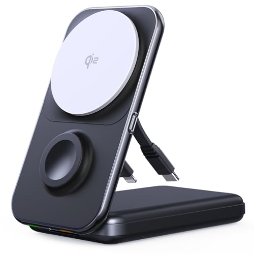 Station de charge magnétique blanche Qi2 pour iPhone 15 Pro Max et AirPods