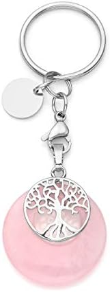 JOVIVI Rose Quartz Pendant Healing Crystal Chakra Keyring Silver Tree of Life Gemstone Keychain Lucky Charms ID Tag Key Ring for Women Girls