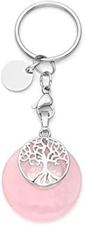 JOVIVI Rose Quartz Pendant Healing Crystal Chakra Keyring Silver Tree of Life Gemstone Keychain Lucky Charms ID Tag Key Ring for Women Girls