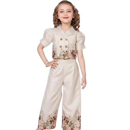 Image of BLOOD PANTHER Girls Floral Printed Cotton Blend Co-Ord Set - Stylish Summer Outfit with Crop Top & Wide-Leg Pants - Dress for Kids