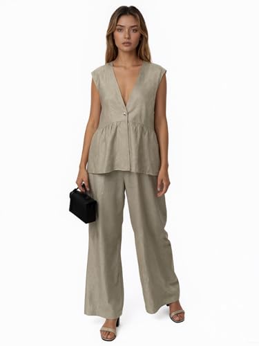 VCM 2 Piece Sets for Women Peplum Top Button-up Vest V Neck Cropped Tank Tops Straight Leg Pants Work Outfits Business Casual3