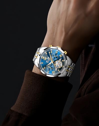 Image of OLEVS Men's Watches Automatic Self Winding Skeleton Blue Big Face Mechanical Business Luxury Gift Tourbillon Calendar Wrist Watch