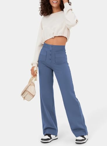 Women's Straight Leg Pants Casual High Waisted Button Down Stretchy Business Work Pants Trousers with Multiple Pockets2