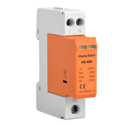 Heschen Surge Protective Device SPD, HS-40N, 275VAC 20KA, 2P, Fire-Proof, Low-Voltage Arrester, 35mm DIN Rail Mounting