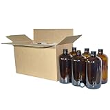 GlassBottleOutlet (Pack of 6) 32 oz. Amber Boston Round with Black Poly Cone Cap