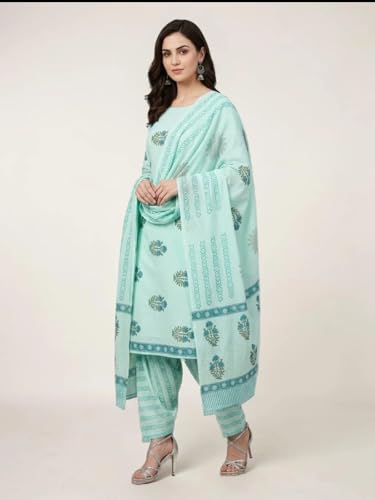 Image of Eddika women unstitched hand block printed cotton suit set with mulmul dupatta ehbpcswmd0120P