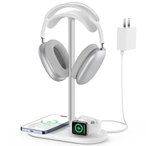 HiWe 3-in-1 Headphone Stand – Universal Desktop Gaming Headset Holder with Wireless Charger for Phones/AirPods/iWatch, Aluminum Alloy Rod, Leather Pad, ABS Solid Base, White
