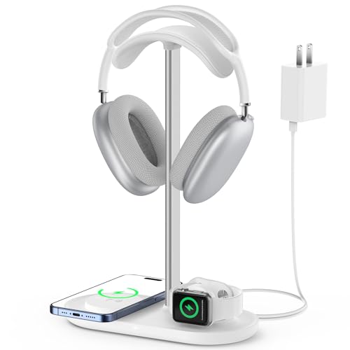 HiWe 3-in-1 Headphone Stand – Universal Desktop Gaming Headset Holder with Wireless Charger for Phones/AirPods/iWatch, Aluminum Alloy Rod, Leather Pad, ABS Solid Base, White