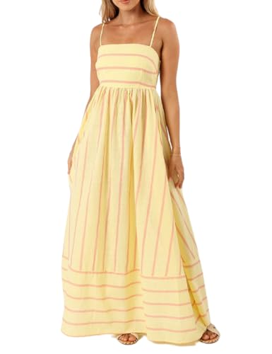Image of NUFIWI Women Summer Striped Maxi Dress Spaghetti Strap Cutout Ruffle Long Dress Flowy Swing Beach Vocation Dress
