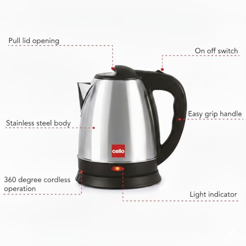 Image of CELLO Quick Boil Electric Kettle 1.5 Liters, 1350 Watts | Premium Stainless Steel, Double Wall Vacuum Insulated, 360 Degree Cordless Operation, Light Indicator | Electric Kettle For Boiling Hot Water