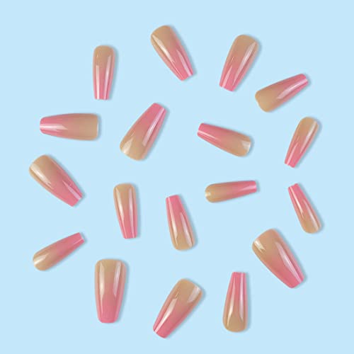 Gradient Pink False Nails Ballerina Fake Nails Glossy False Nails Full Cover Fake Nails Long Coffin Press on Nail for Women and Girls Nail Art Salon 24 PCS - Image 3