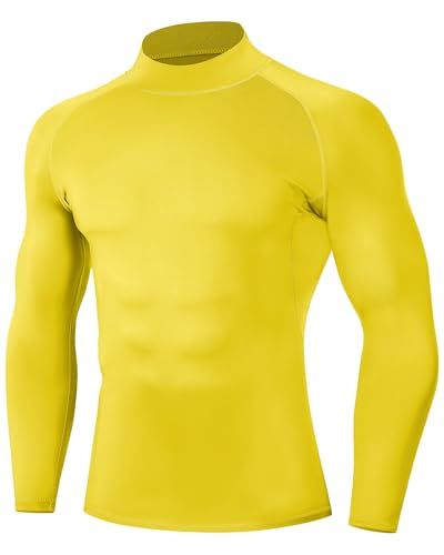 Runhit Mens Compression Shirt Long Sleeve Turtleneck Workout Gym Top Quick Dry Athletic Base Layer Football Running Golden