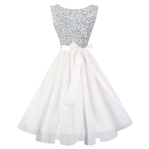 Hanpceirs Women's Boatneck Sleeveless Prom Wedding Guest Bridesmaid Dresses Cocktail Dress White Sequin M