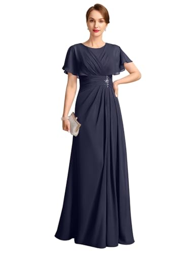 Chiffon Mother of The Bride Dresses for Wedding Elegant Long Ruched Formal Evening Gown with Flutter Sleeve