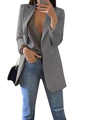 Yming Damen Winter Blazer Langarm Vorne Offen Office Strickjacke Arbeitsanzug Jacke Grau XXL