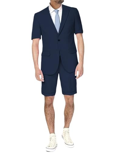 Men's Summer Leisure Linens Suits Vintage 2 Piece Short Suits Casual Short Sleeves Jacket Blazer Shorts Set for Beach Wedding