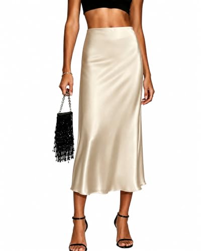 AuInHer Satin Midi Skirt for Women,High Waist Flowy A-Line Skirt for Vacation Gold