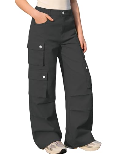 Image of SANGTREE Girls Wide Leg Cargo Pants Multi Pocket,6-14 Years | Cotton High Waist Baggy Trousers with Pockets Teen Y2K Streetwear School Pants| Back-to-school,Outdoor Play