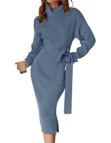 ZESICA Women's Turtleneck Sweater Midi Dress Long Sleeve Ribbed Knit Bodycon Slit Dress with Belt,Dustyblue,Small