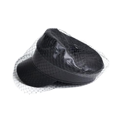 Teanea Faux Leather Black Newboy Cap with Veil Chic Fiddler Hat Visor Beret for Women
