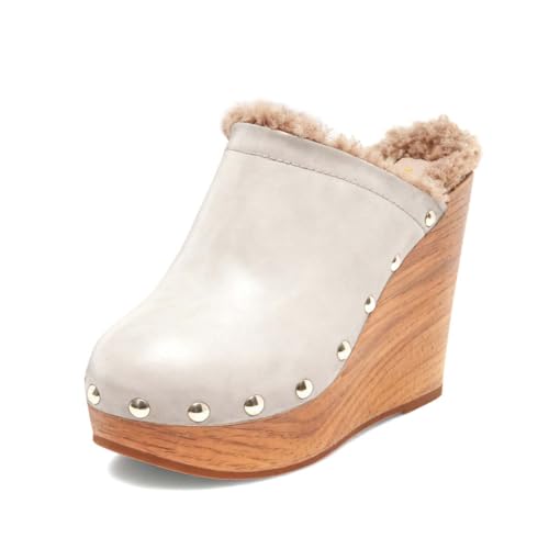 XYD Women's Round Closed Toe High Heels Slip-on Wedge Mules Soft Fur Metallic Gold Studs Platform Clog Shoes for Daily Weekend (Size 6, White)