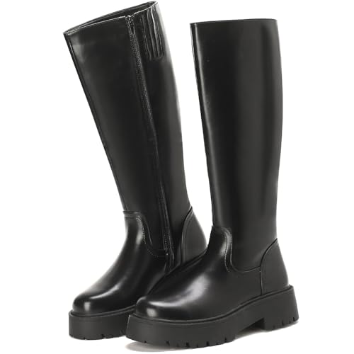 Putu Damen Stiefel Plateau Modische Reitstiefel mit Blockabsatz Profilsohle Leicht Bequem Elegante Hochschaftstiefel 38