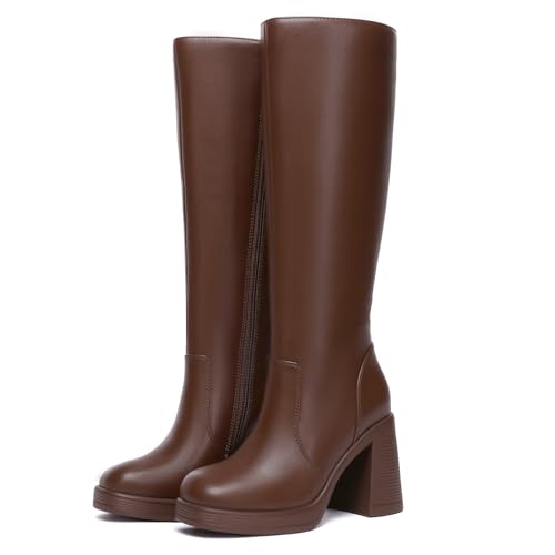 Athlefit Brown Boots Women Fall Knee High Platform Boots Waterproof Leather Chunky Blocked Booties Size 10 by Athlefit - Used condition - Image 5