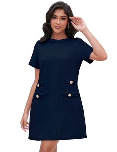 Ladyful Womens Tweed Jackie Dress Short Sleeve Elegant Crew Neck Business Party Vintage Button Bodycon Mini Jackie Dress