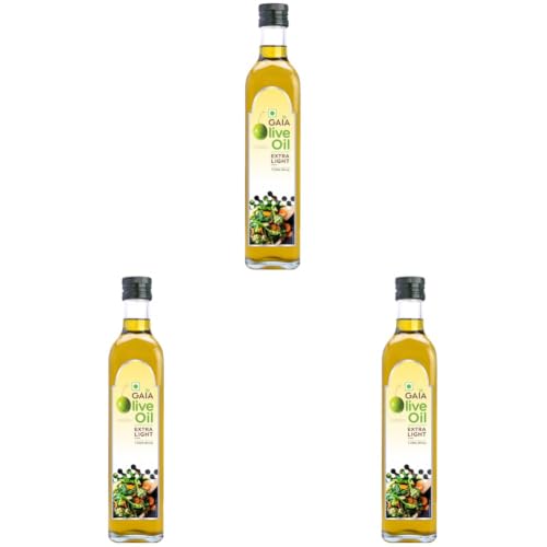 Image of Gaia Extra Light Olive Oil (1L Bottle Pack) Incredibly Healthy with Zero Cholesterol and Low Saturated Fat, Good for Frying, Roasting, Baking and All Indian Cuisine (Pack of 3)