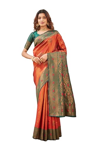 Image of Women's Banarasi Silk Saree with Rich Pallu, Jacquard Zari Weaving Work & Unstitched Blouse Piece, Traditional Ethnic for Wedding, Party & Festive Occasion