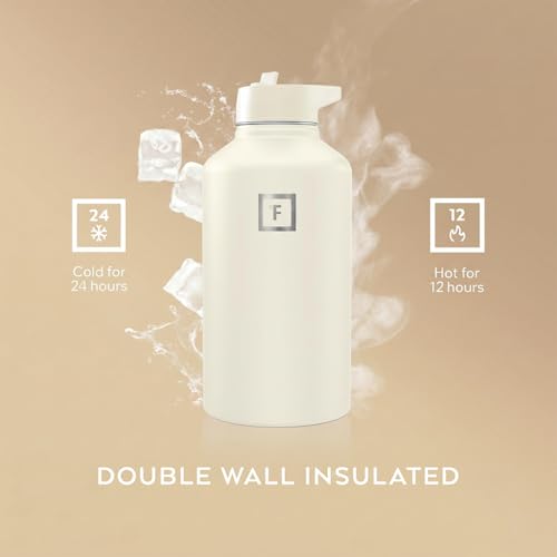 Image of IRON FLASK Camping & Hiking Hydration Flask with Straw, Wide Mouth Insulated Stainless Steel Sports Water Bottle - Cashmere Cream 64 oz - Straw (1 Lid)