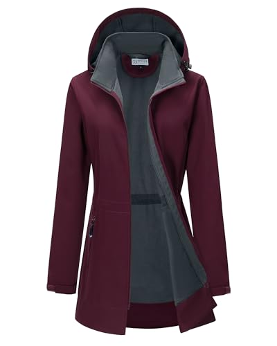 33,000ft Women's Waterproof Softshell Long Rain Jacket with Hood Fleece Lined Windproof Windbreaker