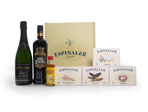 Espinaler Cesta Regalo Gourmet Premium - Cesta Regalo Gourmet con Cava Brut Reserva y Vermut Rojo - Lote Surtido de Reservas, Aperitivos y Mariscos - Pack de Regalo - Nuevo Lote Premium Sálvora