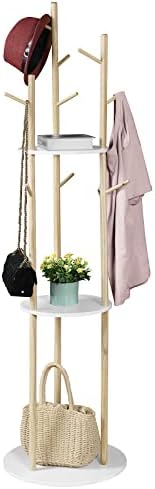 LIWSHWZ Freestanding Coat Rack with 9 Hooks and 3 Shelves, Hall Tree for Jackets, Coats, Hats, Bags, for Home Office Entryway Corridor (White)