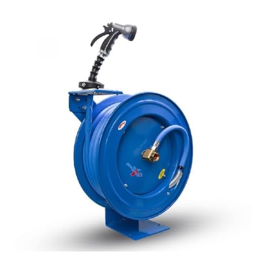 BLUSEAL BSWR5850 Retractable Hose Reel with 5/8" x 50' Hot Water Rubber Hose, 6' Lead-in, 500 PSI, Brass Fittings, Swivel Mount Hose Reel, 9 Pattern Spray Nozzle