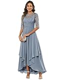 Skbue Elegant lace Mother of The Bride Dresses for Women Ruched Chiffon Scoop Neck Formal Dress Dusty Blue Size 14