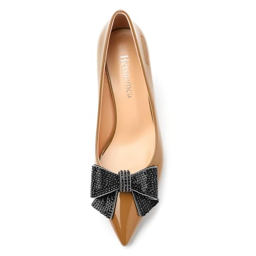 Image of Heels for Women Closed Patent Pointed Toe Bow Pumps Slip on Kitten Low Heels Wedding Party Dress Office Shoes 2.5Inch