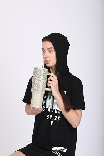 House of Quirk 1200ML Stainless Steel Tumbler with Handle & Lid, 2 Straws – Large Travel Mug Water Cup for Gym, Office & Outdoor Use (Beige Leopard)