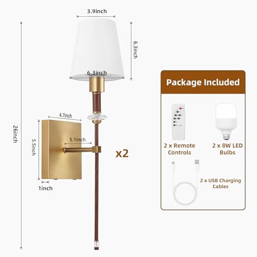 Morauroral BD-7628 Battery Operated Wall Sconce Set Of 2, Wireless Rechargeable Wall Lights With Detachable Bulbs, Remote Control, 3 Color Temperatures, Wall Lamp For Bedroom Living Room Hallway, Walnut thumb #6