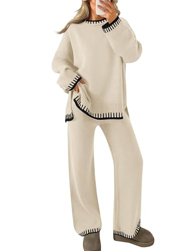 ZESICA Womens Casual 2 Piece Outfits Sweater Sets Long Sleeve Pullover Tops Wide Leg Pants Lounge Set