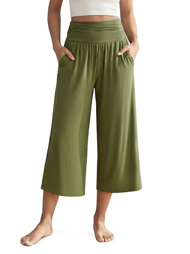 ODODOS Women's Wide Leg Palazzo Lounge Cropped Pants with Pockets Light Weight Comfy Casual Pajama Capri Pants-22 inseam, Army, Small