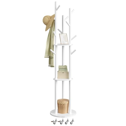 VASAGLE Freestanding Coat Rack Stand, Coat Tree with 11 Hooks, 3 Shelves, 4 Removable Wheels, for Hallway, Bedroom, Living Room, Cloud White RCR023W01