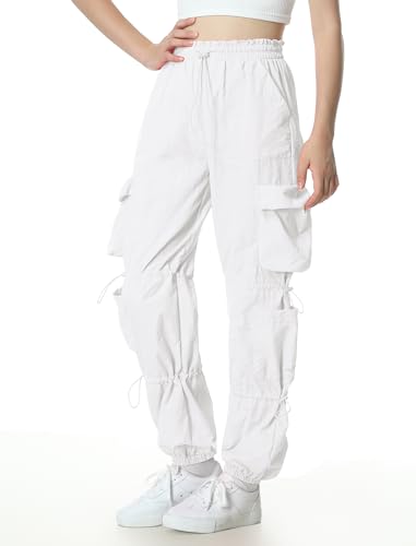 Image of EXARUS Girls Parachute Pants Cargo Hip Hop Wide Leg Baggy Y2K Teen | Tween Casual School Dance Streetwear with Pockets Elastic Waist Youth Junior Kids Bottoms Hiking 8-14Y
