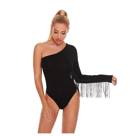 Verdusa Women's Fringe Trim One Shoulder Long Sleeve Thong Bodysuit Top Black S