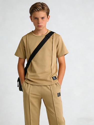 Image of OLMRJKD Boys 2 Piece Outfits Color Block Clothes Short Sleeve T Shirt and Camouflage Pants Summer Clothing Sets