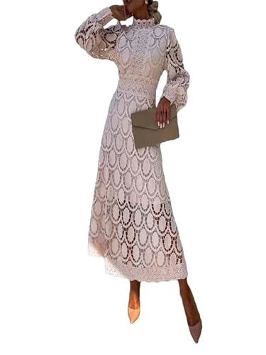 Sommerkleid Damen Lang Elegant Spitze – Aushöhlte Maxikleid mit Puffärmeln und Stehkragen – Ideal für Hochzeit, Urlaub, Gartenparty Apricot L Sommerkleid Damen Lang Elegant Spitze – Aushöhlte Maxikleid mit Puffärmeln und Stehkragen – Ideal für Hochzeit, Urlaub, Gartenparty Apricot L