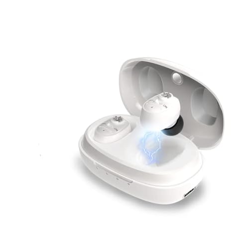 Image of CIC Wireless Rechargeable Hearing Aids for Old Age and Seniors with Digital Display, Noise Reduction, and 30-Hour Battery Life (WHITE, Manual) DIGITAL DISPLAY