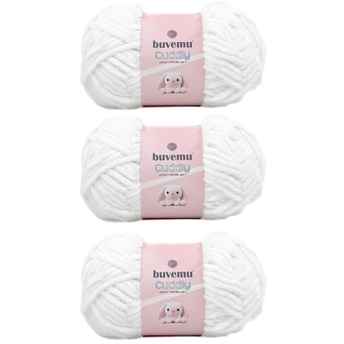 Image of Cuddly Velvet Chenille Yarn, Super Soft Fluffy Bulky for Knitting Crocheting Crafting Blanket Amigurumi, Durable for Shedding, 100 Gram (3.53 Ounces) 109 Yards (100 Meters) (White) (3 Skeins)
